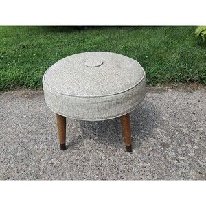 Mcm Foot Stool Vinyl Spindle Legs Button Greys Vintage Granny Core